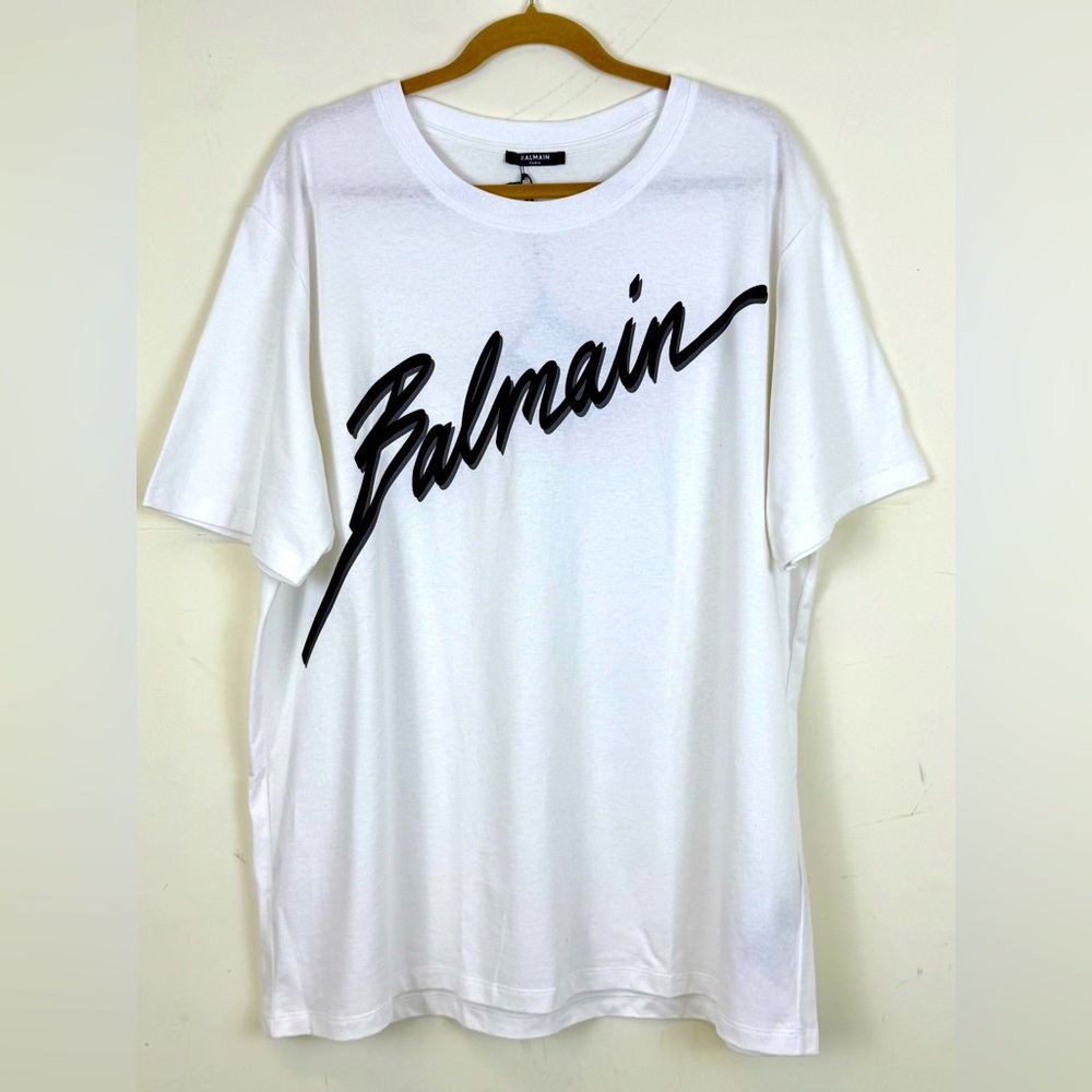 NWT BALMAIN FLOCKED LOGO SCRIPT T-SHIRT IN WHITE